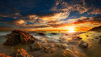 El Matador State Beach, Malibu, California, sea, coast, colors, clouds, rocks, cky, stones, sunset, usa HD wallpaper