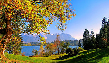 Barmsee, Bavaria, trees, autumn, beautiful, grass, Germany, mountains, forest, lake HD wallpaper