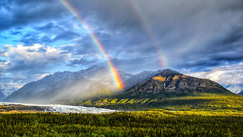 Double Rainbow over the Matanuska Glacier, Alaska, sky, mountains, usa, trees, landscape, clouds HD wallpaper