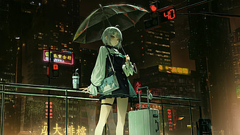 Umbrella Anime Girl In Cyber City, anime-girl, rain, umbrella, artist, artwork, art, digital-art, artstation HD wallpaper