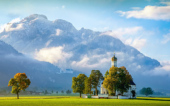 Bavarian Alps with Church St. Coloman, Schwangau, mountain, germany, landscape, clouds, trees, sky, meadow HD wallpaper