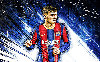 Pedri, grunge art, Barcelona FC, 2021, spanish footballers, LaLiga, Pedro Gonzalez Lopez, Barca, football, Pedri , blue abstract rays, soccer, Pedri Barcelona, La Liga, FCB HD wallpaper