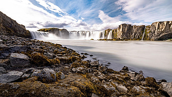 Godafoss, Iceland, mountains, cascade, river, landscape, clouds, sky, stones HD wallpaper