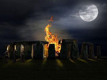 Landscape, Bonfire, Moon, Stonehenge HD wallpaper