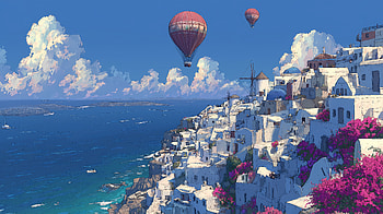 Greece City View With Hot Air Balloons Flying, greece, city, view, hot, air, balloons, flying, sea, ocean, sky, clouds, artist, artwork, art, digital-art, ai, deviantart HD wallpaper