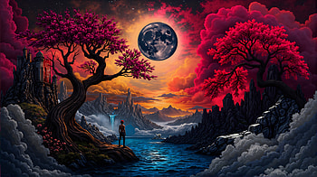 Between Realms The Watcher Beneath The Moon, moon, sky, red, tree, trees, sea, man, artist, artwork, art, digital-art, ai, deviantart HD wallpaper