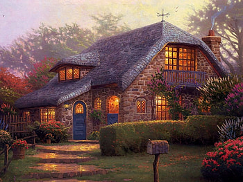 Evening at the Cottage, artwork, hedge, painting, house, trees, garden, flowers HD wallpaper