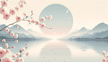 Serenity Lake Sunrise with Cherry Blossoms, cherry blossom, landscape, aesthetic, flower, moon HD wallpaper