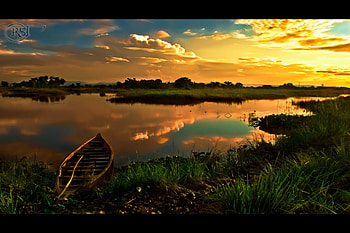 Waiting-for-Someone, cano, clouds, sky, nature, grass, lake, sunset HD wallpaper