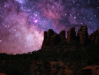 Starry sky, rocky mountains, silhouette, nature HD wallpaper