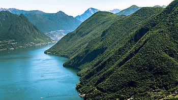 Greenery Mountains Slope River Trees Village Blue Sky Background Nature HD wallpaper
