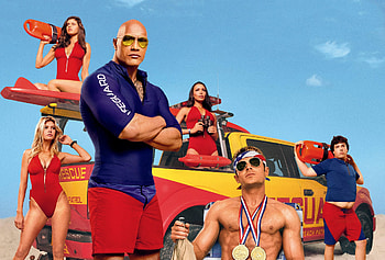 Baywatch (2017), actor, vara, blue, afis, baywatch, dwayne johnson, man, car, poster, summer, movie, red HD wallpaper
