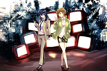 chie & naoto, chie satonaka, tvs, short hair, naoto shirogane, long hair, persona 4 HD wallpaper