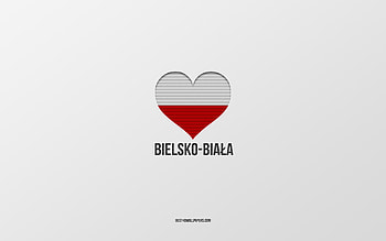 I Love Bielsko-Biala, Polish cities, Day of Bielsko-Biala, gray background, Bielsko-Biala, Poland, Polish flag heart, favorite cities, Love Bielsko-Biala HD wallpaper