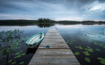 Lake in Sweden, boat, pier, Sweden, calm, lake HD wallpaper