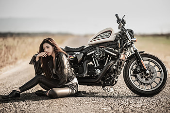 Girl and her Harley Davidson, motorcycle, model, asian, brunette, leather HD wallpaper