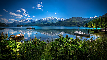 landscape lake, plants, boats, trees, snowtops, mountains, lake HD wallpaper