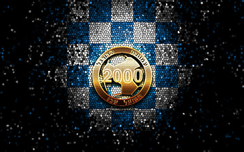 Hapoel Akko FC, glitter logo, Leumit League, blue white checkered background, soccer, Israeli football club, Hapoel Akko logo, mosaic art, football, Hapoel Akko HD wallpaper