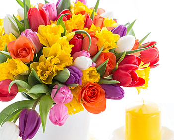 Tulips, colorful tulips, bouquet, candle HD wallpaper