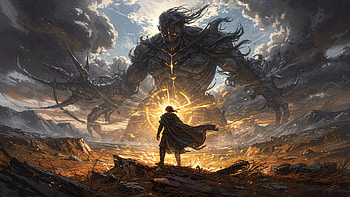 Courage in : Facing the Colossus, Giant, Warrior, Magic HD wallpaper