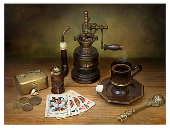 still life, graphy, nice, maps, coffee, , coins, spoon, pipe, man, beautiful, cup, coffee grinder, old, box, cool, harmony HD wallpaper