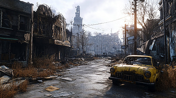 Post-Apocalyptic City: Ultra Adventure, post-apocalyptic city, post apocalyptic, yellow car, urban decay HD wallpaper