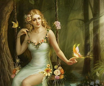 Swing, frumusete, girl, summer, butterfly, fantasy, green, luminos, forest HD wallpaper