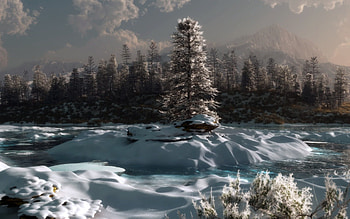 Winter, Nature, Rivers, Pine, Twilight, Snow, Dusk, Evening HD wallpaper