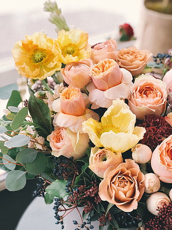 A beautiful floral bouquet featuring roses and poppies, perfect for weddings or celebrations. HD phone wallpaper