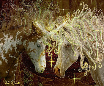 Unicorns, golden, white, fantasy, art, couple, unicorn, steve a roberts HD wallpaper