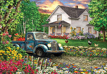 Simpler Times, garden, flowers, house, car, painting HD wallpaper