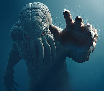 Cthulhu, blue, adventure, digital painting, devil, horror, underwater, water HD wallpaper