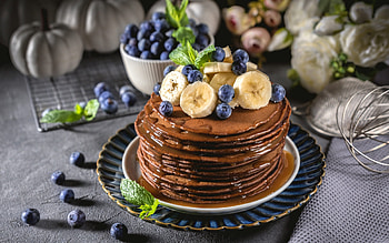 Pancakes, fruit, breakfast, food HD wallpaper