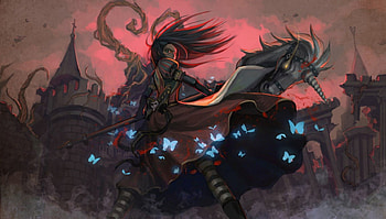 Alice Madness Return, blue, videogame, white, horse, black, madness, girl, dress, dark, butterflies, red, castle HD wallpaper