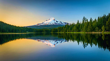 Trillium Lake & Mount Hood, Oregon, trees, sky, water, sunset, mountain, reflections HD wallpaper