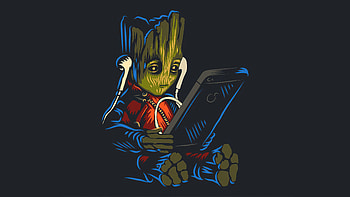 Baby Groot Listening To Music While Using , baby-groot, superheroes, artwork, artist HD wallpaper