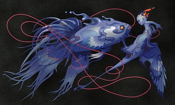 Birdman, blue, deikun he, fantasy, art, pesti, peste, fish HD wallpaper