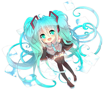 hatsune miku, curls, heads, glow, vocaloid, big blue eyes, twin tails, super cute, sitting, pretty, light, happy, blush, excited HD wallpaper