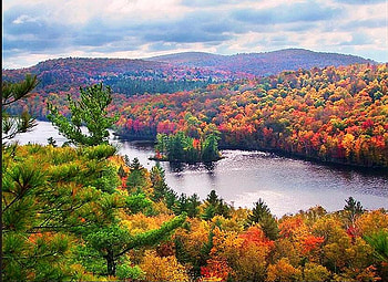 Mountain valley autumn, river, colors, blue cloudy sky, gold, orange, green, valley, yellow, red, trees, mountains, forest HD wallpaper
