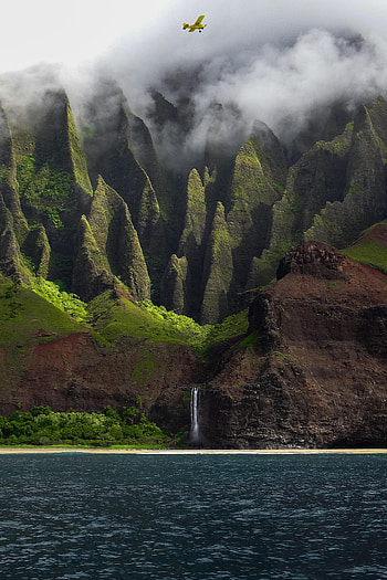 Nature, Sea, Rocks, Waterfall, Fog, Relief, Plane, Airplane HD phone wallpaper
