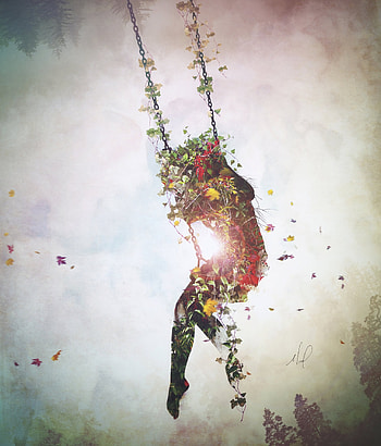 Flowers, Art, Leaves, Swing, Imagination, Surrealism HD phone wallpaper