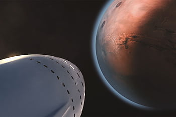 A detailed view of a spaceship approaching Mars, highlighting interplanetary exploration. HD wallpaper