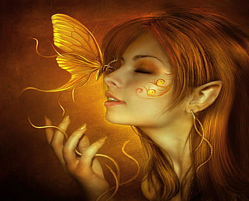 Golden Wings, fairy, wings, golden butterfly, fantasy, face paint, woman HD wallpaper