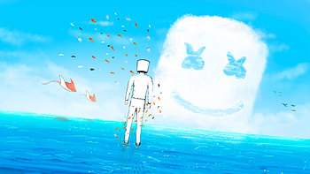Marshmello Standing In Ocean With Fish Flying, cloud, marshmello, fish, artist, artwork, art, digital-art, deviantart HD wallpaper