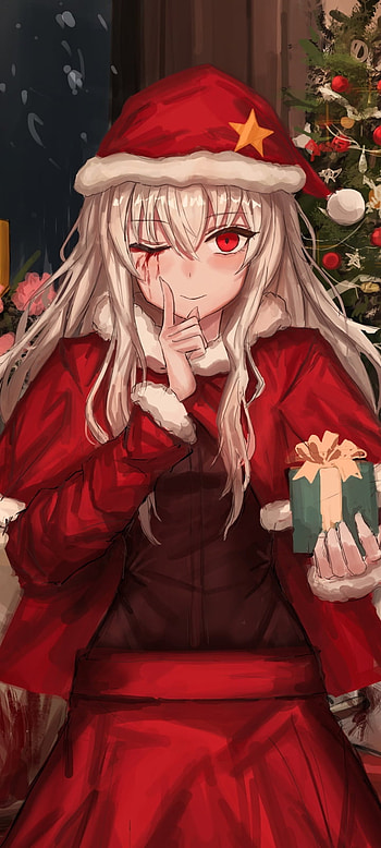 santa hat, white hair, Christmas, red eyes, Anime, girl, anime girl, anime christmas HD phone wallpaper