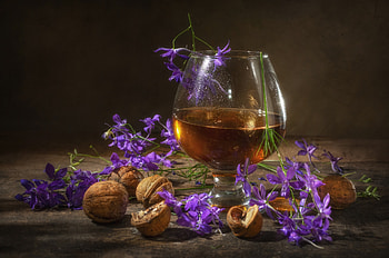 Still life, Table, Walnut, Flowers, Alcohol, Lilac HD wallpaper
