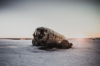 Landscape, sunset, wreck, airplane HD wallpaper