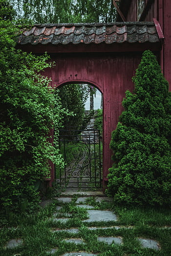 Rustic red garden gate surrounded by lush green foliage in a tranquil setting in Oslo. HD phone wallpaper