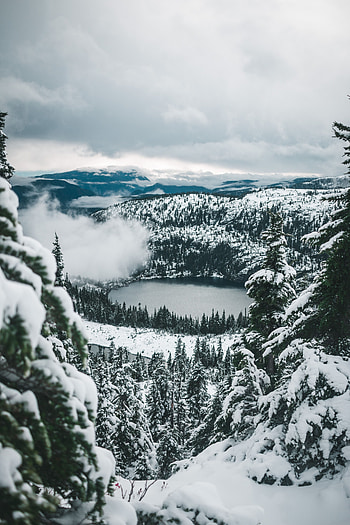 Winter, Nature, Mountains, Snow, View From Above, Lake, Forest HD phone wallpaper