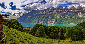 Walensee lake, Alps, alpine, serenity, Switzerland, reflection, greenery, travel, hills, landscape, beautiful, grass, lake, mountain, summer, view, clouds, sky, lovely HD wallpaper